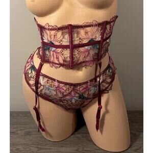 Victorias Secret Two Piece Burgundy Floral Lace Garter Set With Thong Very Sexy